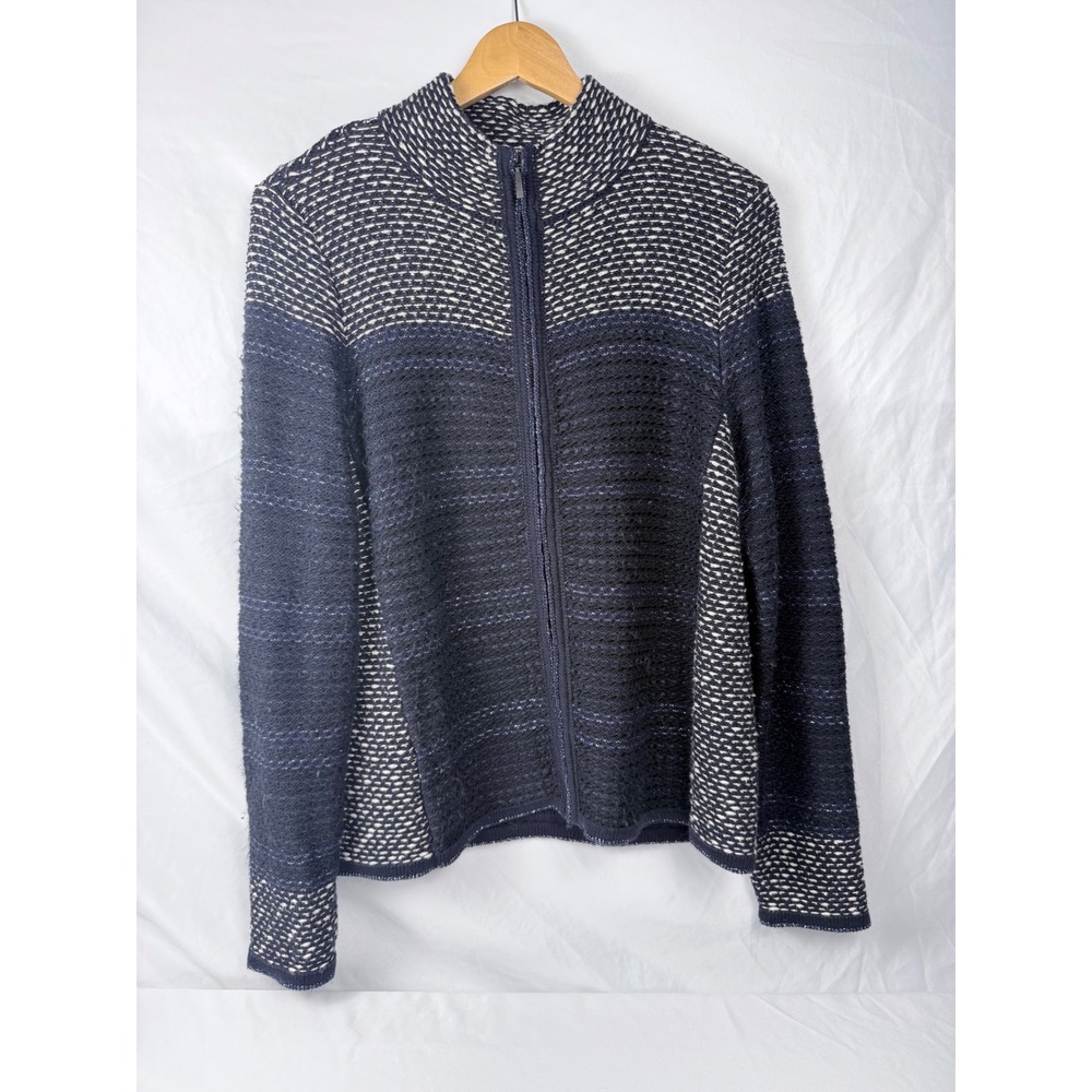 Chico's Size 1 M/L Navy Open Knit Zip Front Cardigan Sweater Jacket